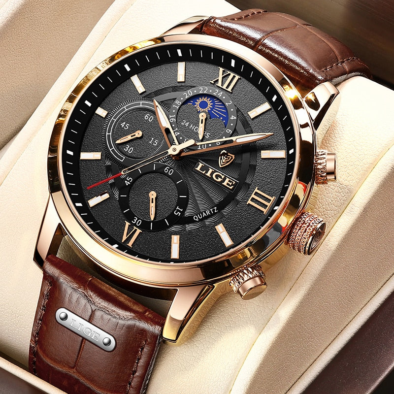 LIGE Men's Watches Top Brand Luxury Men Wrist Watch Leather Quartz Watch Sports Waterproof Male Clock Relogio Masculino+Box